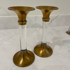 VINTAGE SILVESTRI BRASS and GLASS CANDLESTICKS-SET of TWO